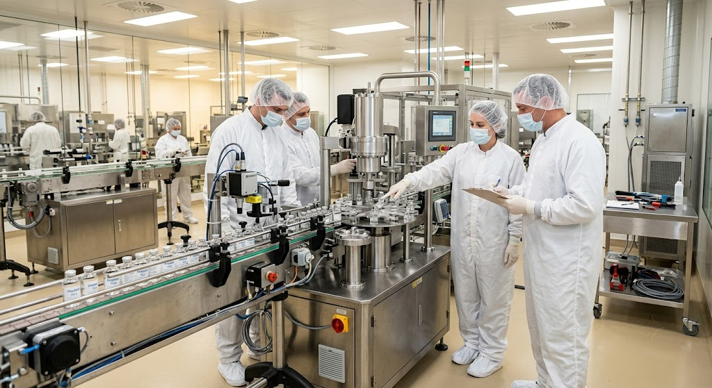 Engineers inspecting automated cleanroom packaging line and conveyor systems in modern manufacturing facility