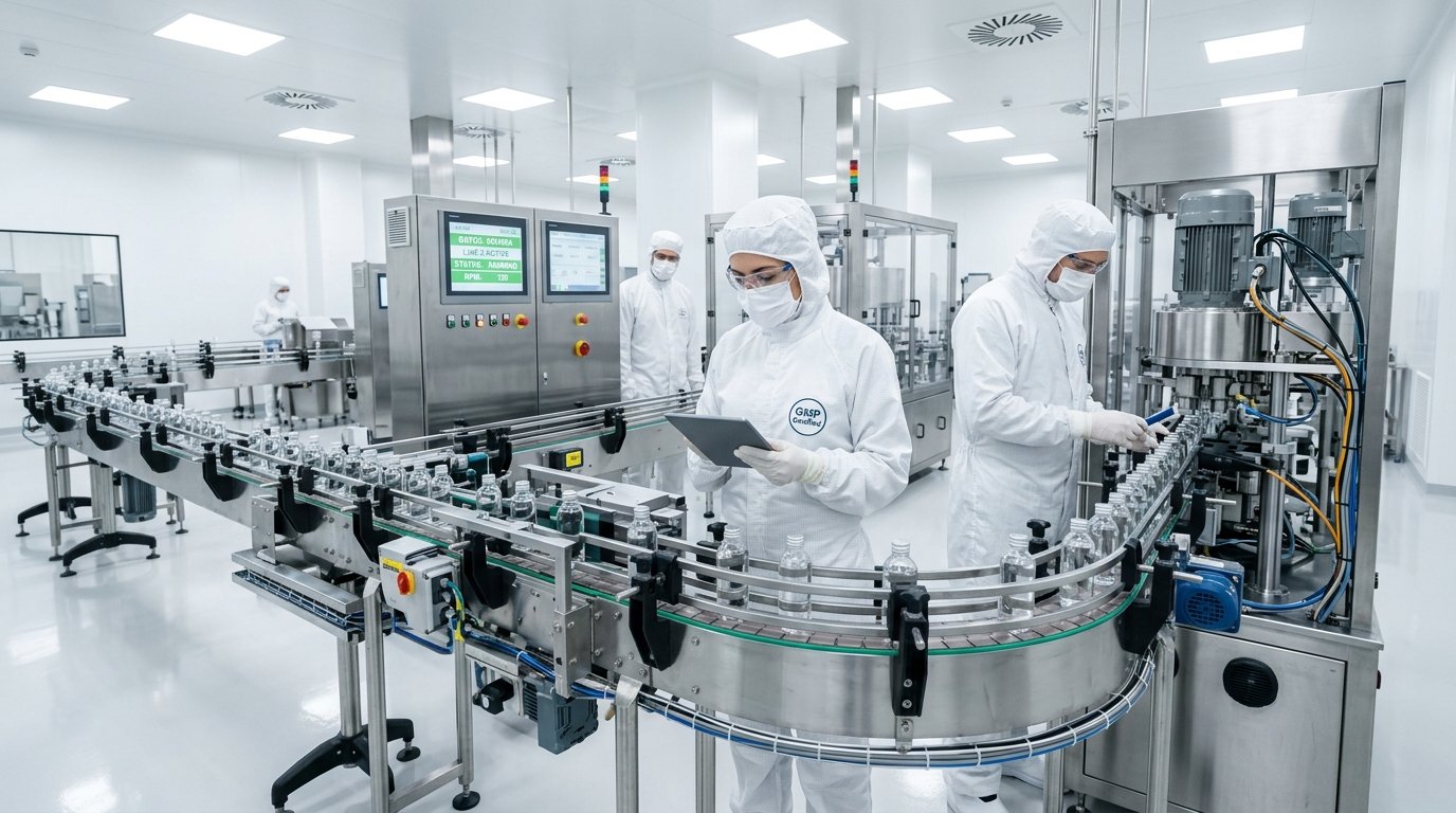 Engineers in cleanroom suits inspecting automated conveyor and bottling line in modern manufacturing facility