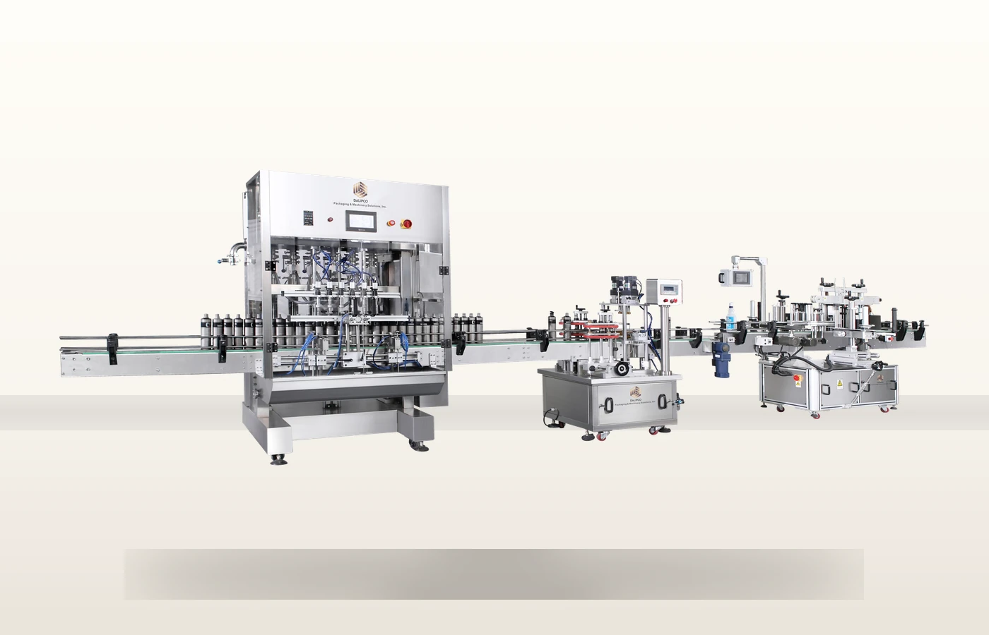 Custom automated packaging and bottling line engineered to client specifications with integrated capping and labeling