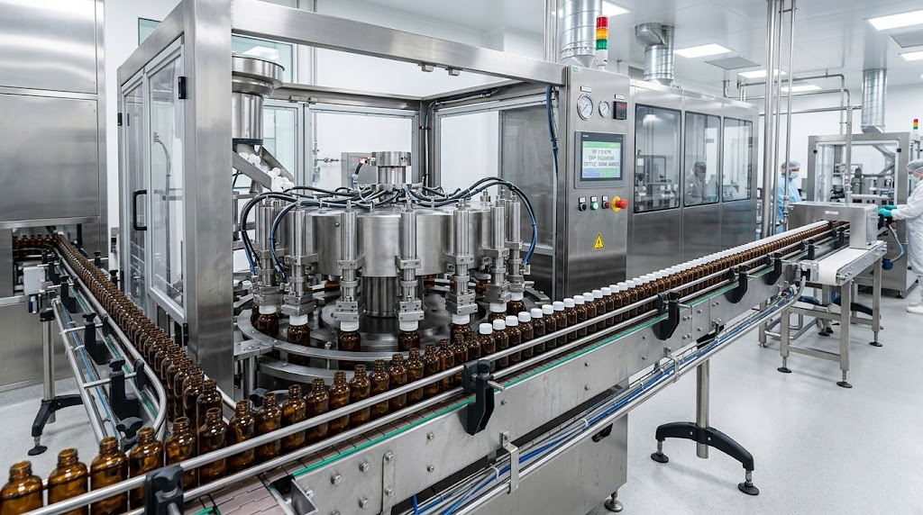 Automated tracking capping and container sealing station on clean packaging line