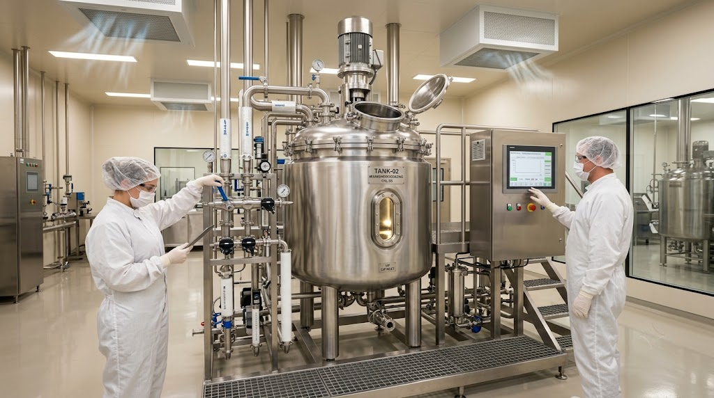 Sanitary stainless steel heating homogenizer and mixing tank designed for accessible maintenance