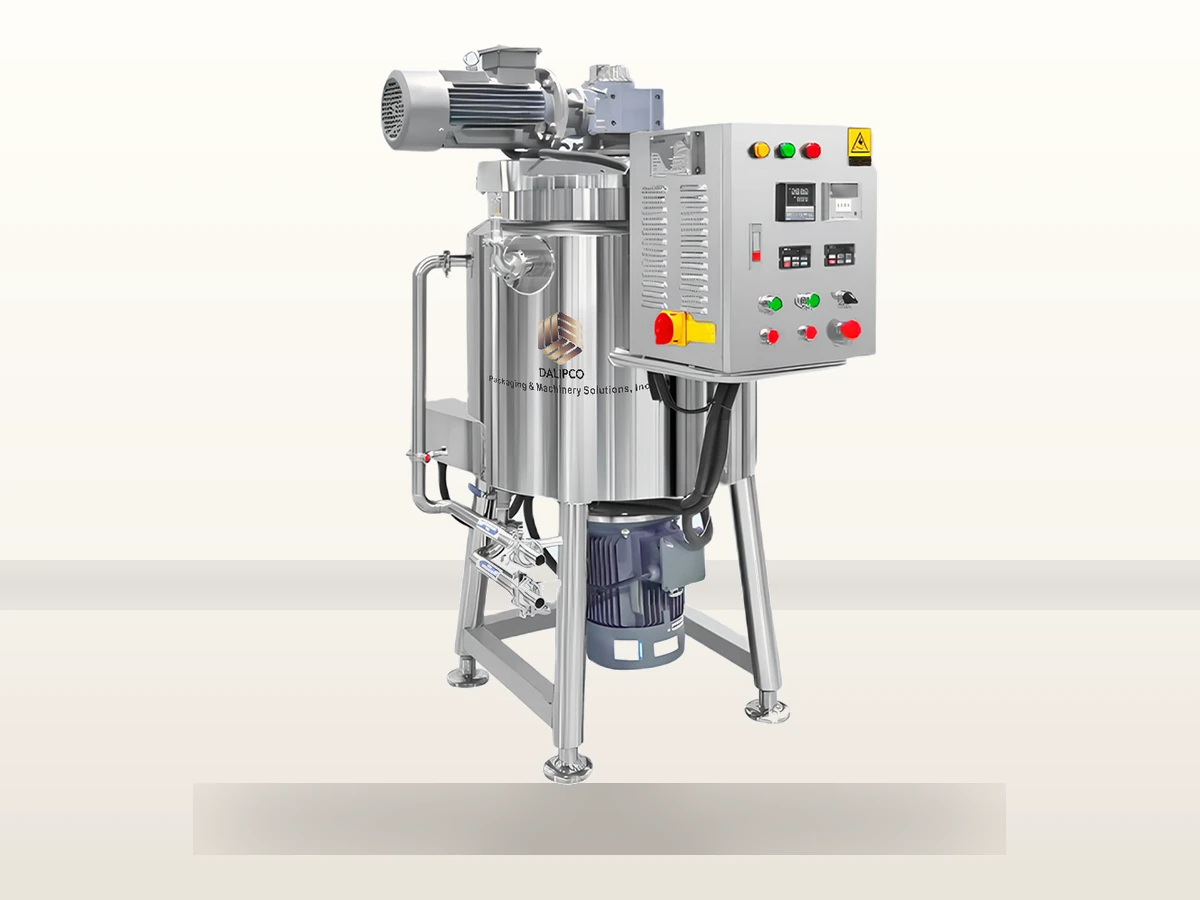 Sanitary heating homogenizer and mixing tank constructed with AISI 304 and 316 stainless steel for pharma and cosmetic production