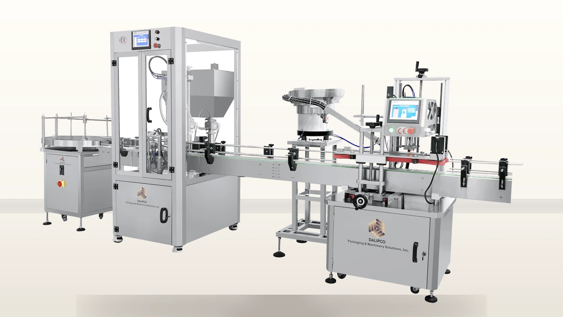 Connected multi-stage pharmaceutical bottling and packaging line