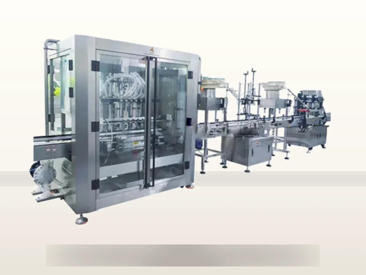 Dalipco sanitary stainless steel linear filling, capping, and labeling packaging line with elevated washdown frames